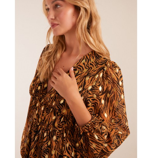 Shirred Waist Leopard Foil Wrap Front Mini Dress Shirred Waist Leopard Foil Wrap Front Mini Dress