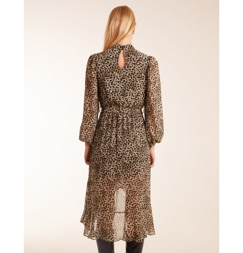 Leopard Print High Neck Wrap Frill Hem Midi Dress Leopard Print High Neck Wrap Frill Hem Midi Dress